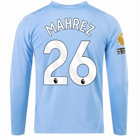 Reinforced Hem Durability Energy Boost Puma Manchester City Riyad Mahrez Home Long Sleeve Jersey w/ EPL   No Room For Racism   Club World Cup Patches 23/24 (Team Light Blue/Puma White)