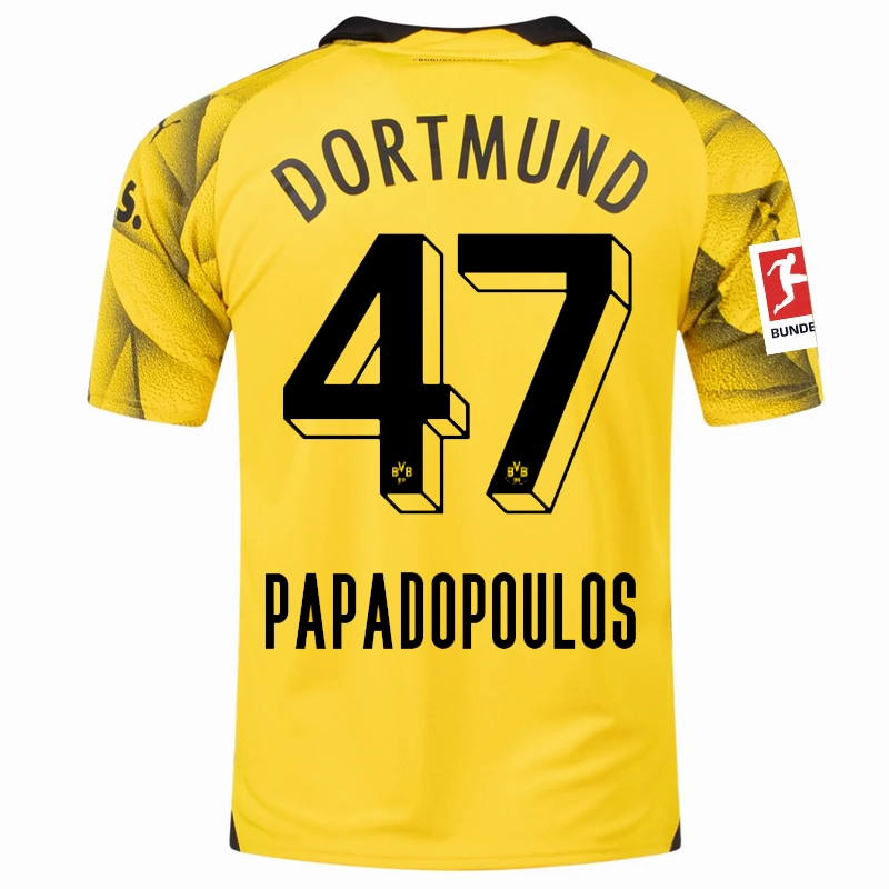 Tight Feel Relaxed Performance Puma Mens Borussia Dortmund Antonios Papadopoulos Third Jersey w/ Bundesliga Patch 23/24 (Cyber Yellow/Puma Black)