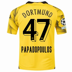 Puma Mens Borussia Dortmund Antonios Papadopoulos Third Jersey w/ Champions League Patches 23/24 (Cyber Yellow/Puma Black) Thermoregulating Technology Breathable fabric