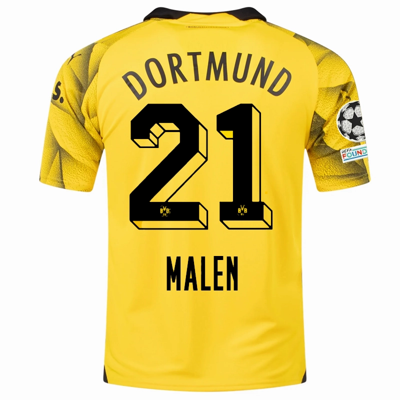 Puma Mens Borussia Dortmund Donyell Malen Third Jersey w/ Champions League Patches 23/24 (Cyber Yellow/Puma Black) No Bulk