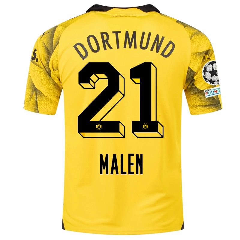 Ergonomic Cut Puma Mens Borussia Dortmund Donyell Malen Third Jersey w/ Champions League Patches 23/24 (Cyber Yellow/Puma Black)