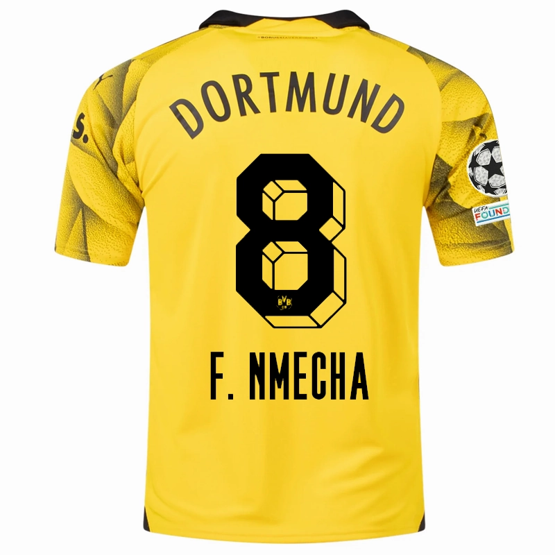 UV Protective Coating Sublimated Prints Puma Mens Borussia Dortmund Felix Nmecha Third Jersey w/ Champions League Patches 23/24 (Cyber Yellow/Puma Black)