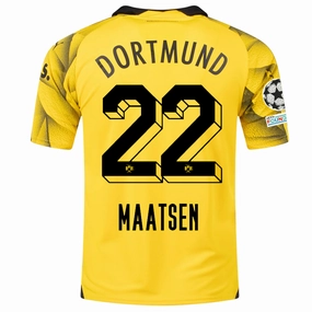 Puma Mens Borussia Dortmund Ian Maatsen Third Jersey w/ Champions League Patches 23/24 (Cyber Yellow/Puma Black) Fade Resistant Dye Contoured Silicone Grippers