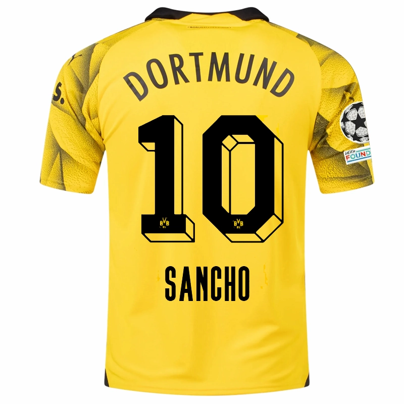 Puma Mens Borussia Dortmund Jadon Sancho Third Jersey w/ Champions League Patches 23/24 (Cyber Yellow/Puma Black) Endurance Fit Heat Balance