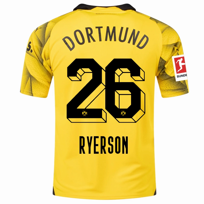 Urban Flex Reinforced Hems Puma Mens Borussia Dortmund Julian Ryerson Third Jersey w/ Bundesliga Patch 23/24 (Cyber Yellow/Puma Black)