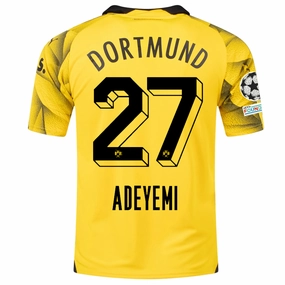 Mesh Paneling Low Bulk Design Puma Mens Borussia Dortmund Karim Adeyemi Third Jersey w/ Champions League Patches 23/24 (Cyber Yellow/Puma Black)
