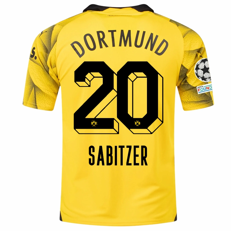 Athletic Motion Comfort Layer Puma Mens Borussia Dortmund Marcel Sabitzer Third Jersey w/ Champions League Patches 23/24 (Cyber Yellow/Puma Black)