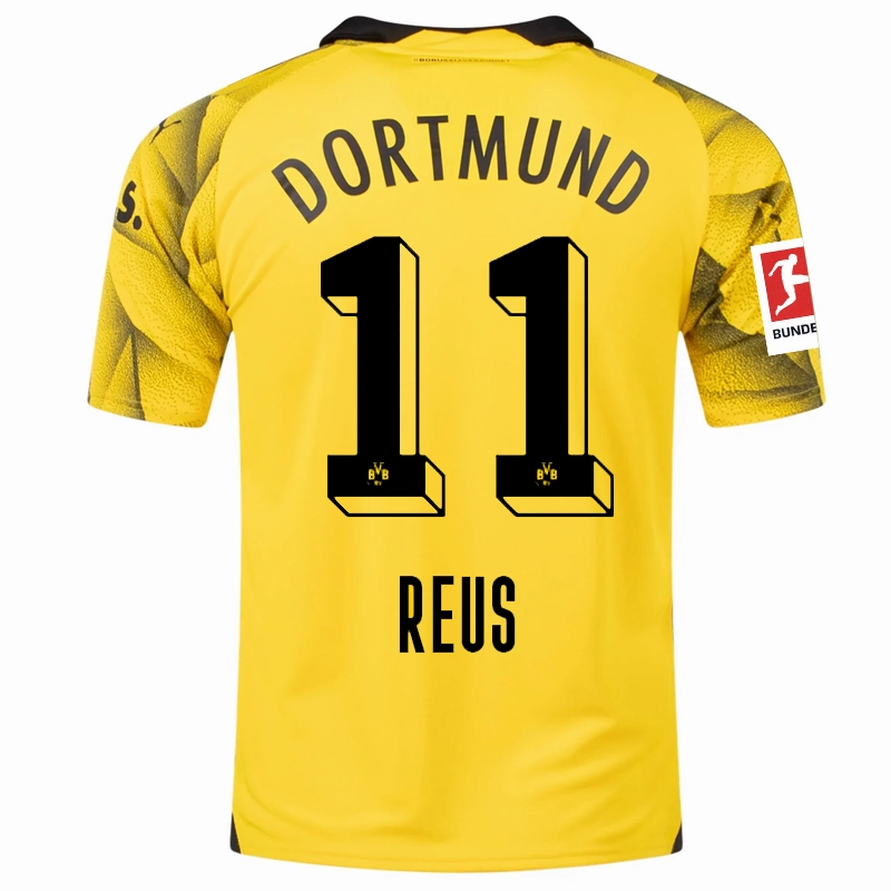 Performance Driven Design tech fabric Puma Mens Borussia Dortmund Marco Reus Third Jersey w/ Bundesliga Patch 23/24 (Cyber Yellow/Puma Black)