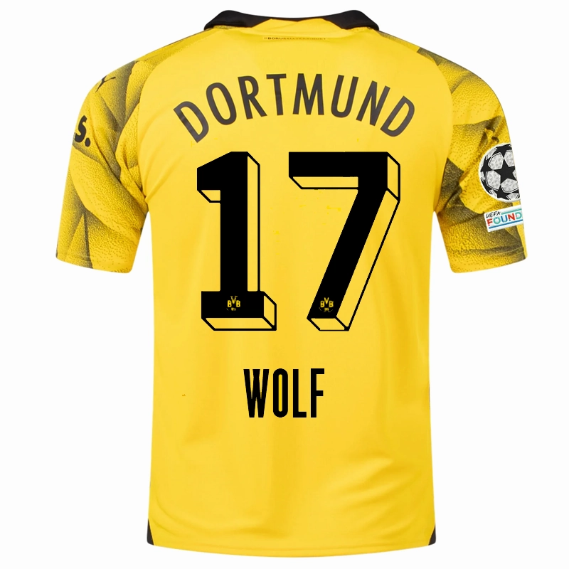 Slim Profile Puma Mens Borussia Dortmund Marius Wolf Third Jersey w/ Champions League Patches 23/24 (Cyber Yellow/Puma Black)