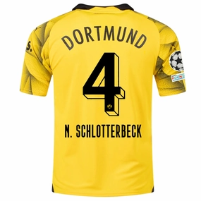 Dynamic Ergonomic Fit Active Comfort Puma Mens Borussia Dortmund Nico Schlotterbeck Third Jersey w/ Champions League Patches 23/24 (Cyber Yellow/Puma Black)