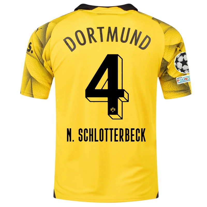 No Resistance Comfort Collar Design Puma Mens Borussia Dortmund Nico Schlotterbeck Third Jersey w/ Champions League Patches 23/24 (Cyber Yellow/Puma Black)