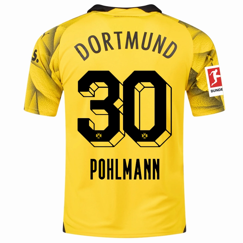 Abrasion resistant Puma Mens Borussia Dortmund Ole Pohlmann Third Jersey w/ Bundesliga Patch 23/24 (Cyber Yellow/Puma Black)