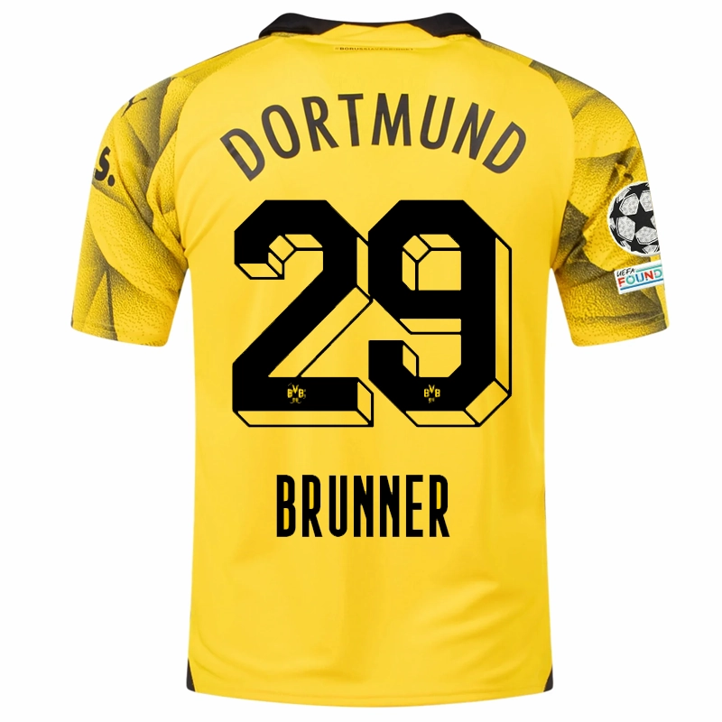 Gym Essentials Anti Pilling Process Puma Mens Borussia Dortmund Paris Brunner Third Jersey w/ Champions League Patches 23/24 (Cyber Yellow/Puma Black)