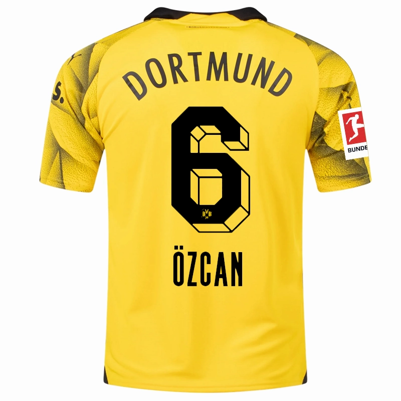 Yarn Dye Pattern Lockstitch Detailing Puma Mens Borussia Dortmund Salih ?zcan Third Jersey w/ Bundesliga Patch 23/24 (Cyber Yellow/Puma Black)