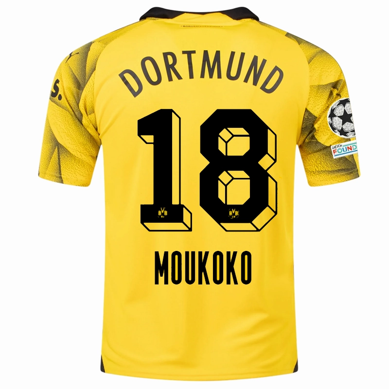 Puma Mens Borussia Dortmund Youssoufa Moukoko Third Jersey w/ Champions League Patches 23/24 (Cyber Yellow/Puma Black) All-Purpose Wear Moisture Management Technology