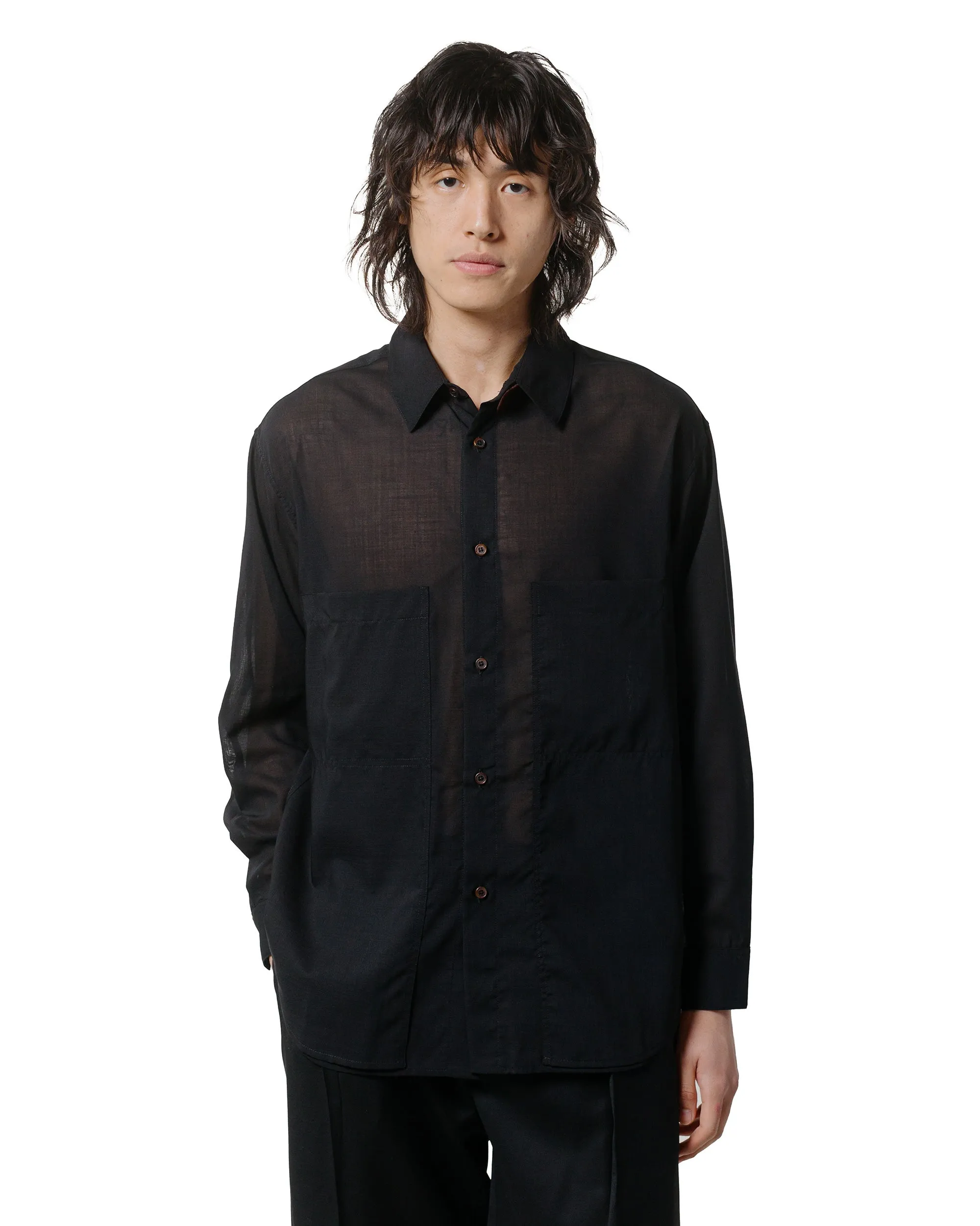 Low Maintenance Smooth Finish Wanze Layered Button Up Shirt Wool Voile Black
