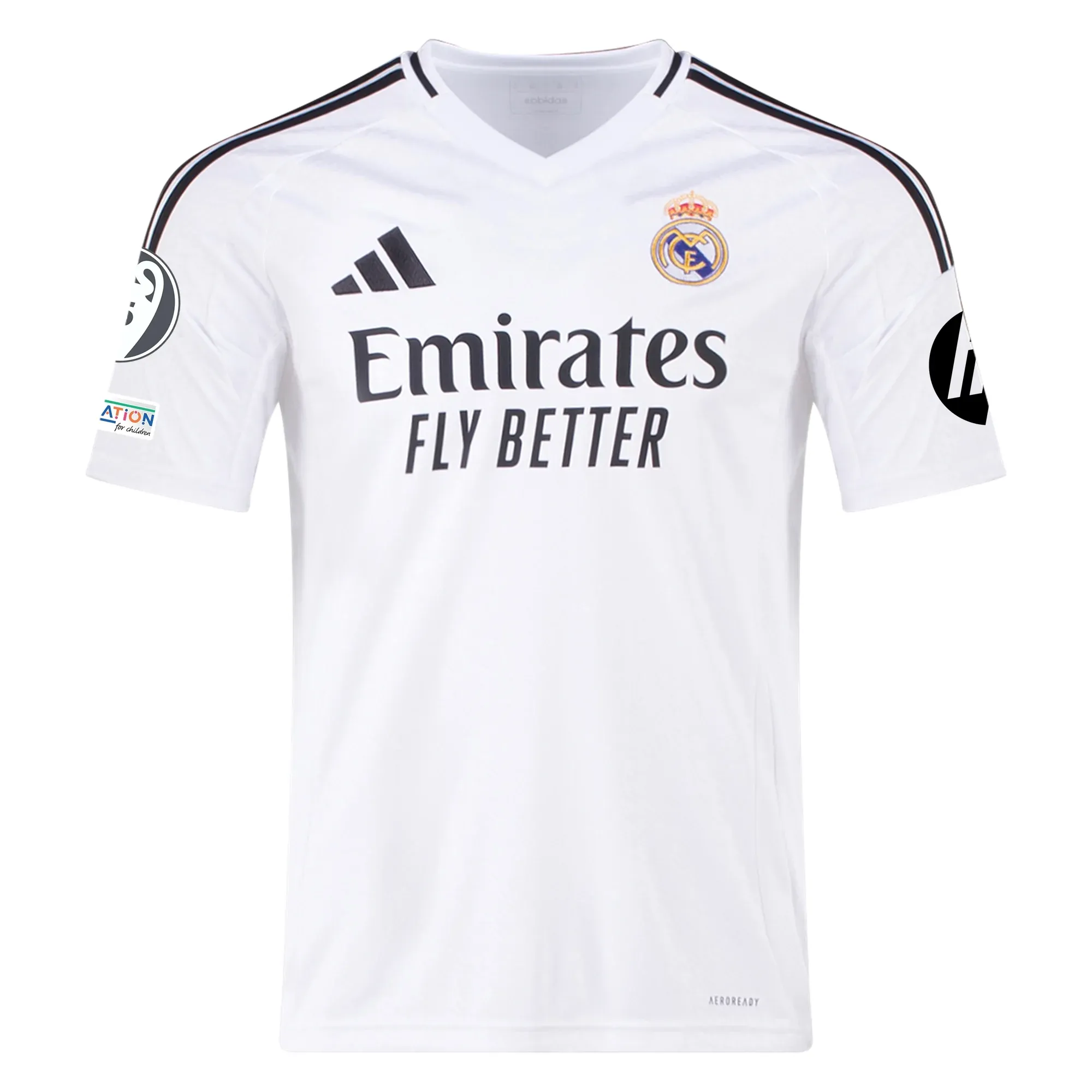 adidas Real Madrid Kylian Mbappe Home Jersey 24/25 w/ Champions League Patches (White/Black) Carbon Neutral Production Workout Gear