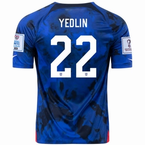 Nike United States Deandre Yedlin Away Jersey 22/23 w/ World Cup 2022 Patches (Bright Blue/White) Thermal Regulating Fabric Modern Athletic Cut