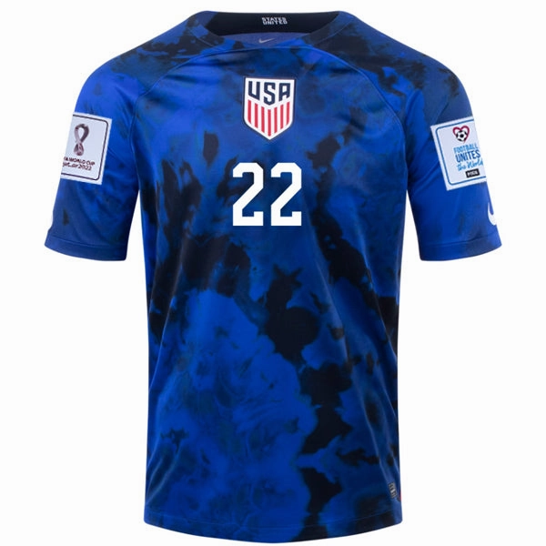 Nike United States Deandre Yedlin Away Jersey 22/23 w/ World Cup 2022 Patches (Bright Blue/White) Tear Resistant Weave Multi Directional Stretch Panels