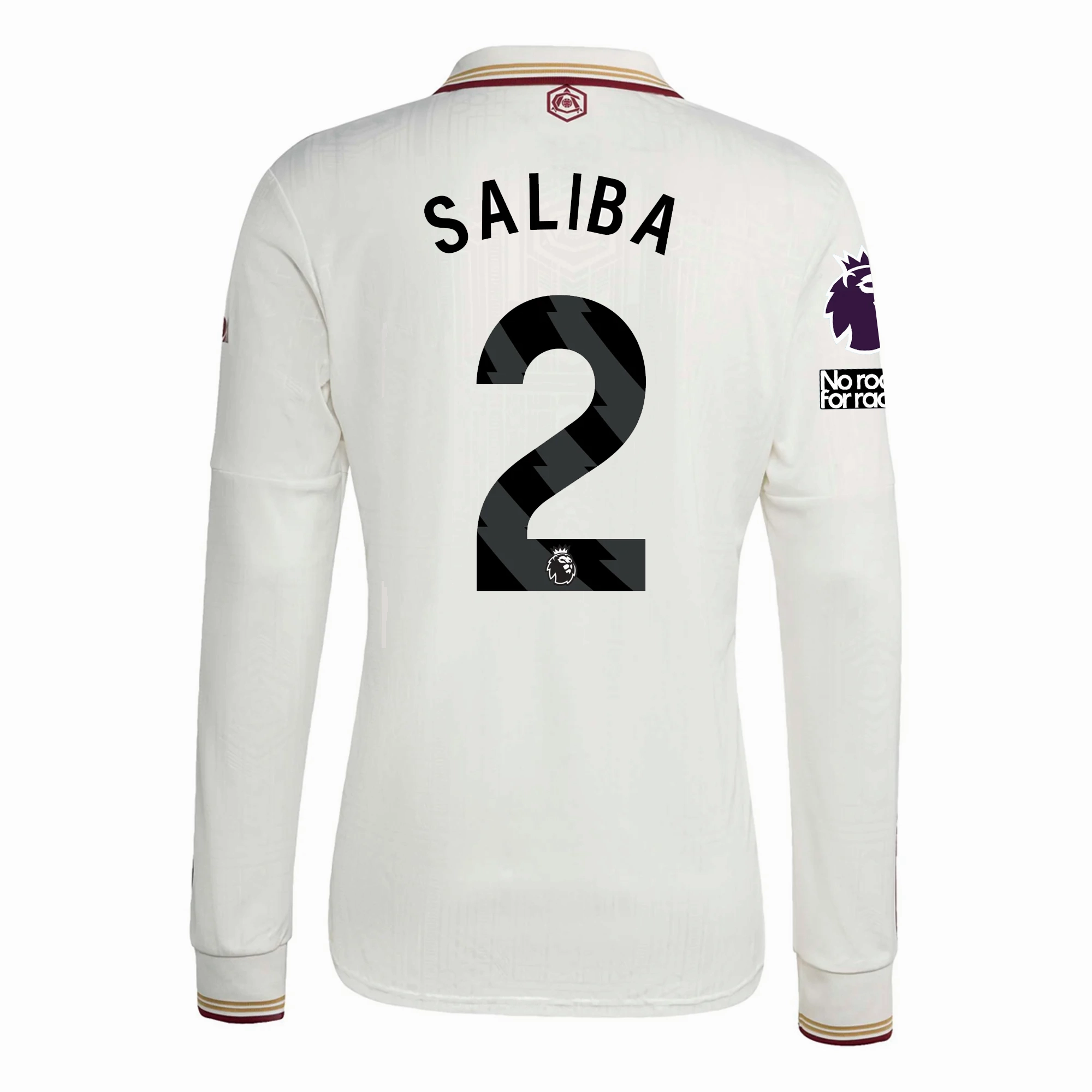 adidas Arsenal William Saliba Third Long Sleeve Jersey w/ EPL   No Room For Racism 25/26 (White/Burgundy) Multi Directional Breathability