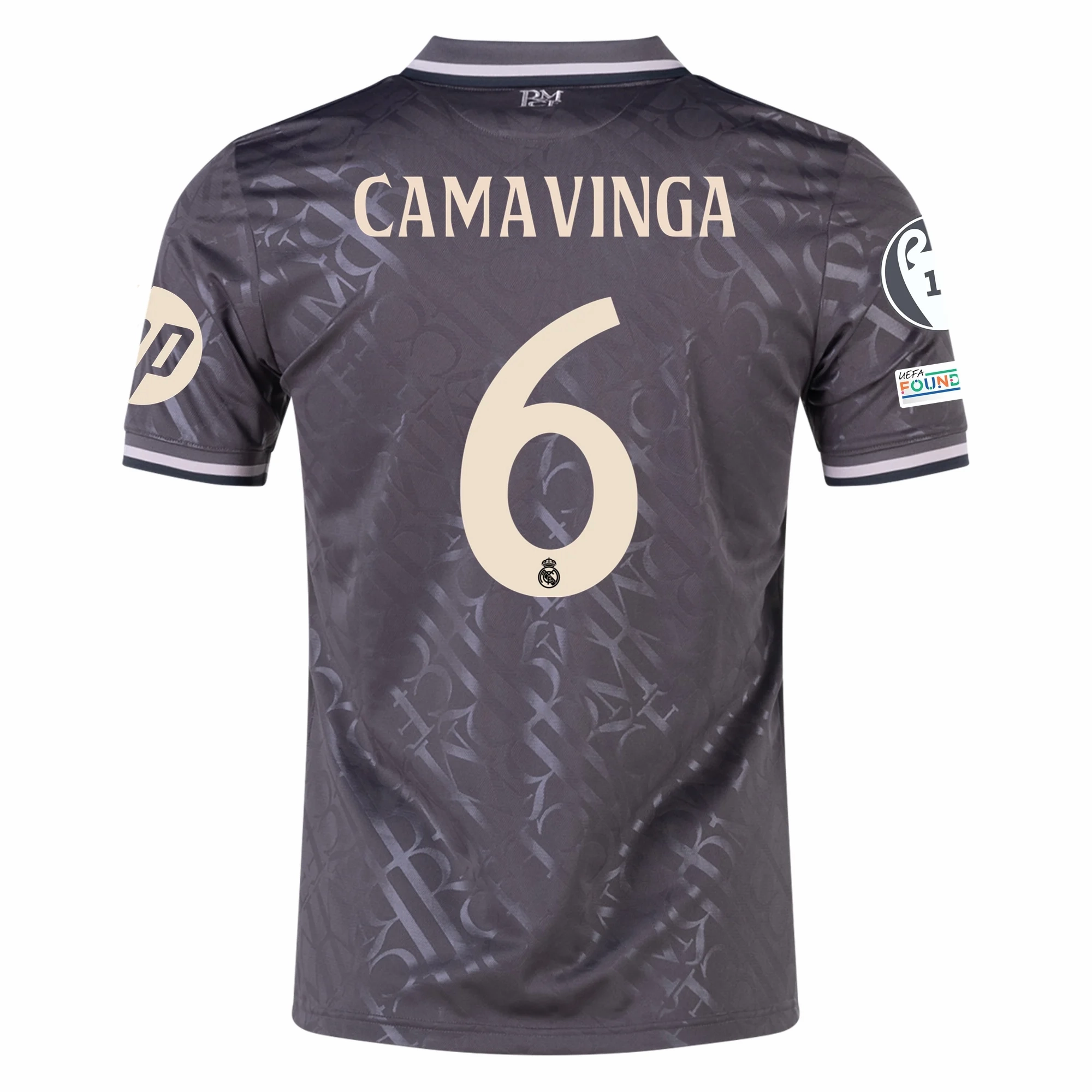 adidas Real Madrid Eduardo Camavinga Third Jersey w/ Champions League Patches   HP Sponsor 24/25 (Charcoal) Breathable Back Vents Moisture Control Microfiber