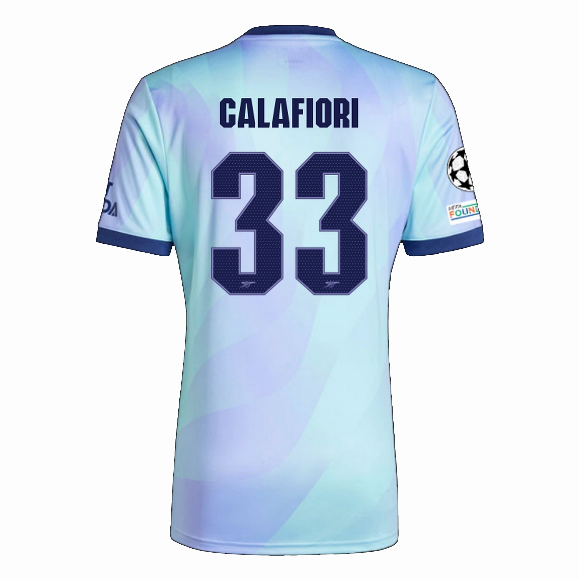 Sustainable Dye Process Bemberg Collar Finish adidas Arsenal Riccardo Calafiori Third Jersey w/ Champions League Patches 24/25 (Clear Aqua/Light Flash Purple)