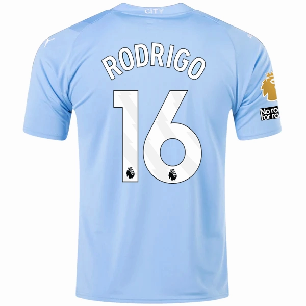 Relaxed Fit Puma Manchester City Rodrigo Home Jersey w/ EPL   No Room For Racism   Club World Cup Patches 23/24 (Team Light Blue/Puma White)