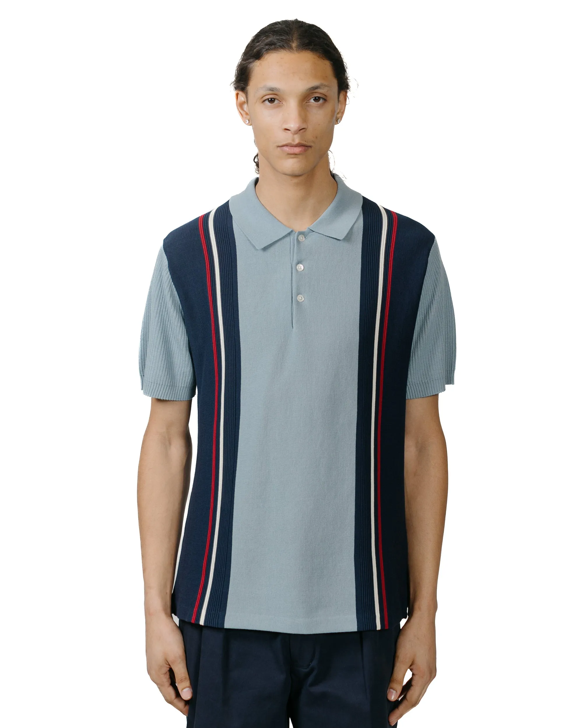 Beams Plus Knit Polo Stripe Sax Formal Elegance Breathable fabric
