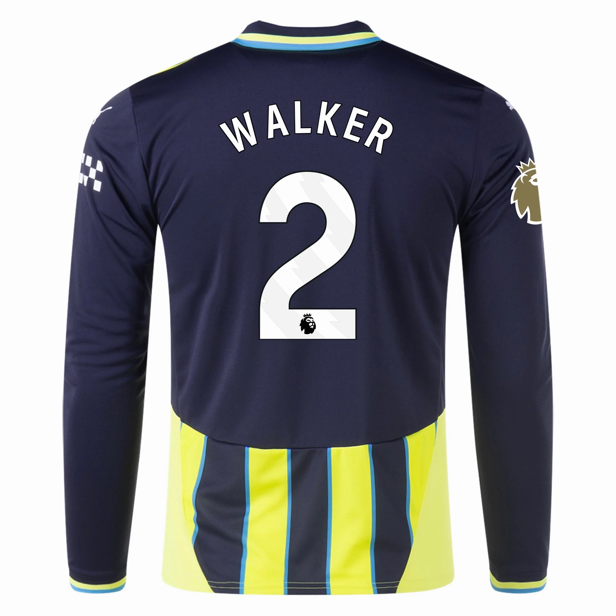 Puma Manchester City Kyle Walker Long Sleeve Away Jersey w/ EPL   Club World Cup Patch 24/25 (New Navy/Yellow Glow) Active Design Flexible Neck Opening