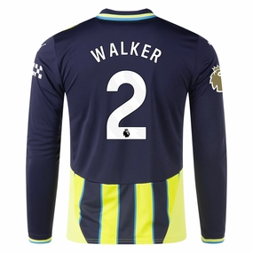 Puma Manchester City Kyle Walker Long Sleeve Away Jersey w/ EPL   Club World Cup Patch 24/25 (New Navy/Yellow Glow) Active Design Flexible Neck Opening