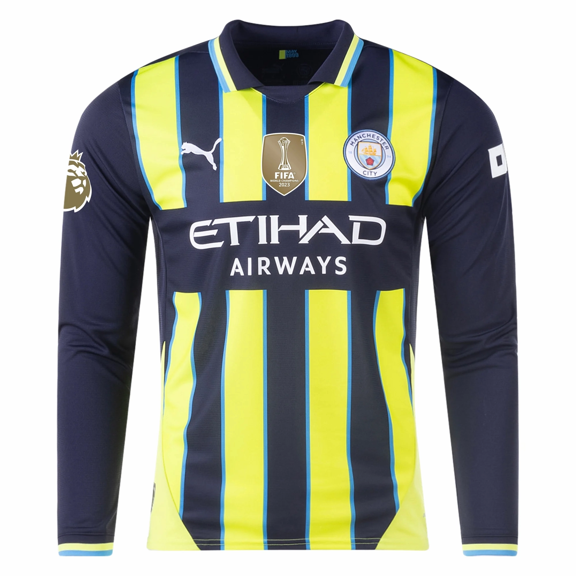 Stretch Fit Everyday Use Puma Manchester City Kyle Walker Long Sleeve Away Jersey w/ EPL   Club World Cup Patch 24/25 (New Navy/Yellow Glow)