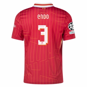 Nike Liverpool Wataru End?? Home Jersey w/ Champions League Patches 24/25 (Gym Red/Chrome Yellow) Lightweight Thermal Fabric Soft Inner Lining