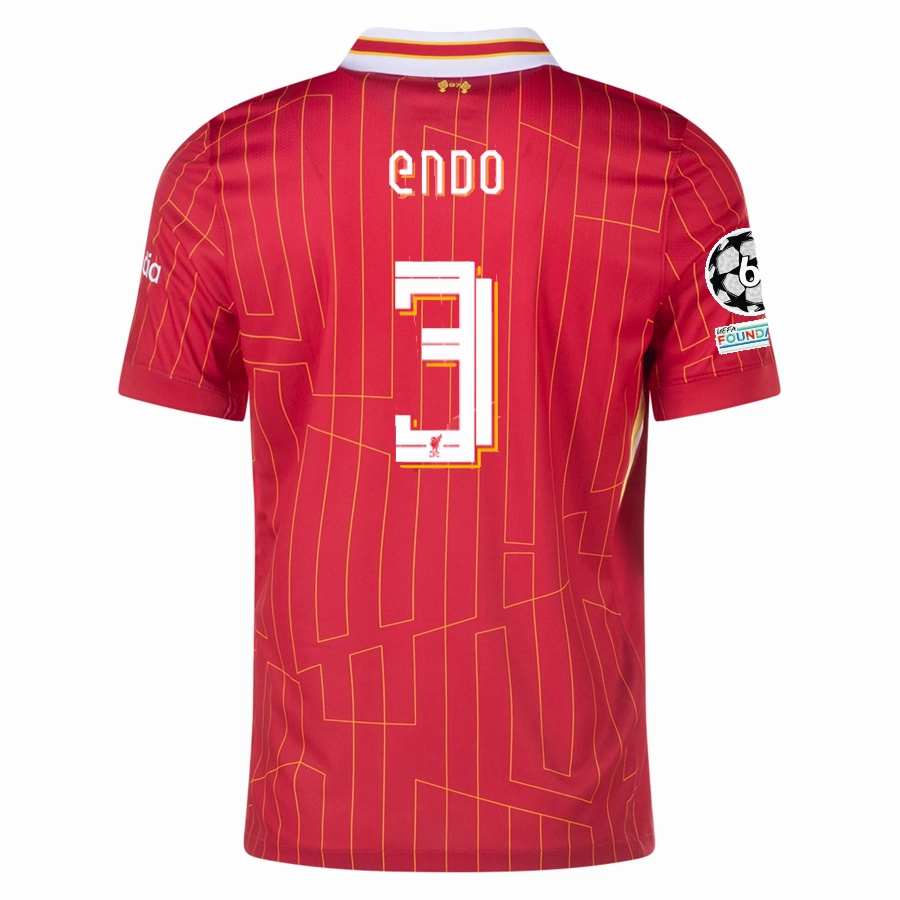 Nike Liverpool Wataru End?? Home Jersey w/ Champions League Patches 24/25 (Gym Red/Chrome Yellow) Lightweight Thermal Fabric Soft Inner Lining