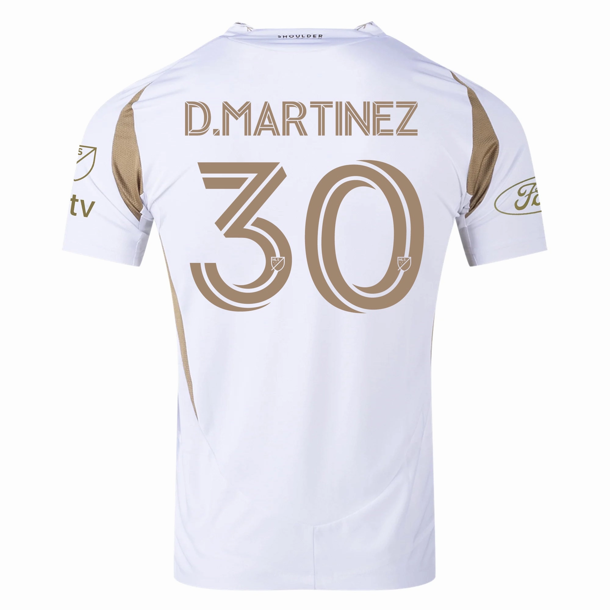Game mode adidas David Martinez LAFC Authentic Away Jersey w/ MLS   Apple   Ford Logo 25/26 (White/Gold)