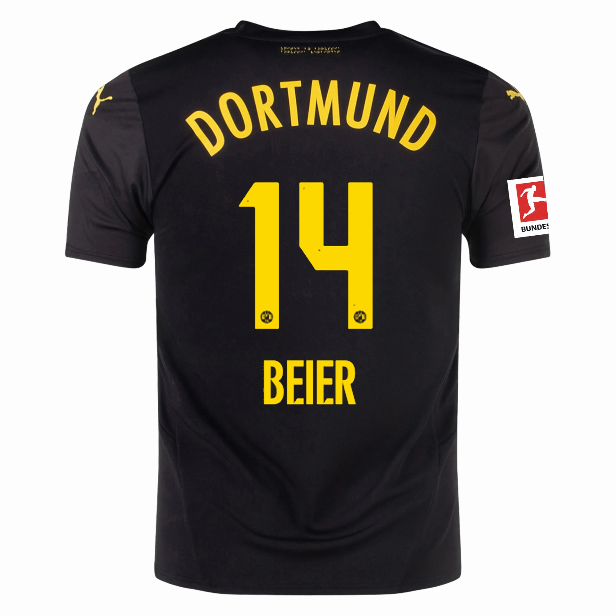 Non Restrictive Cuffing Puma Borussia Dortmund Maximilian Beier Away Jersey w/ Bundesliga Patch 24/25 (Puma Black/Faster Yellow)