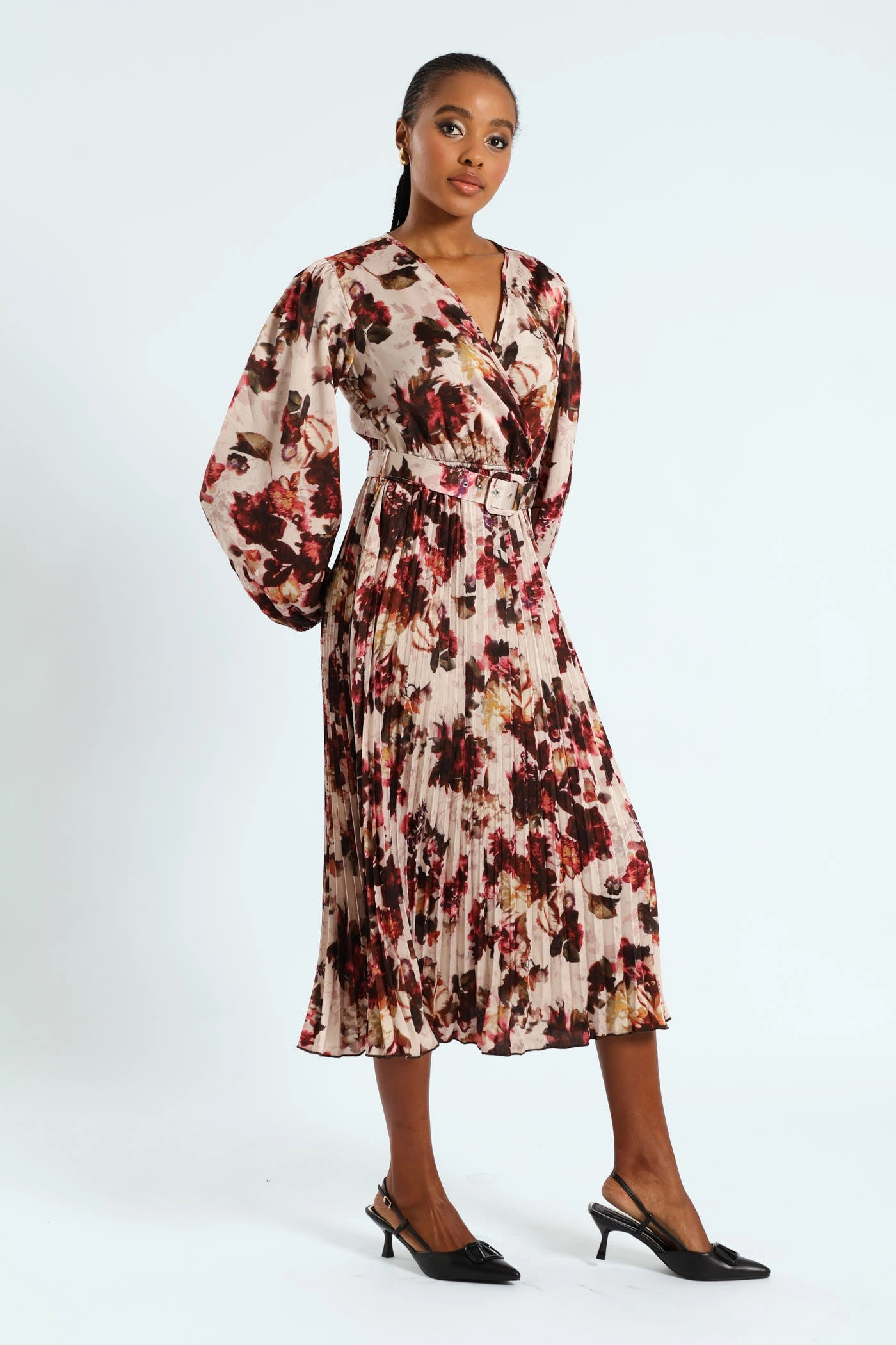 Art Spirit Soft Appearance Pleated Satin Belted Wrap Maxi Dress - Cream