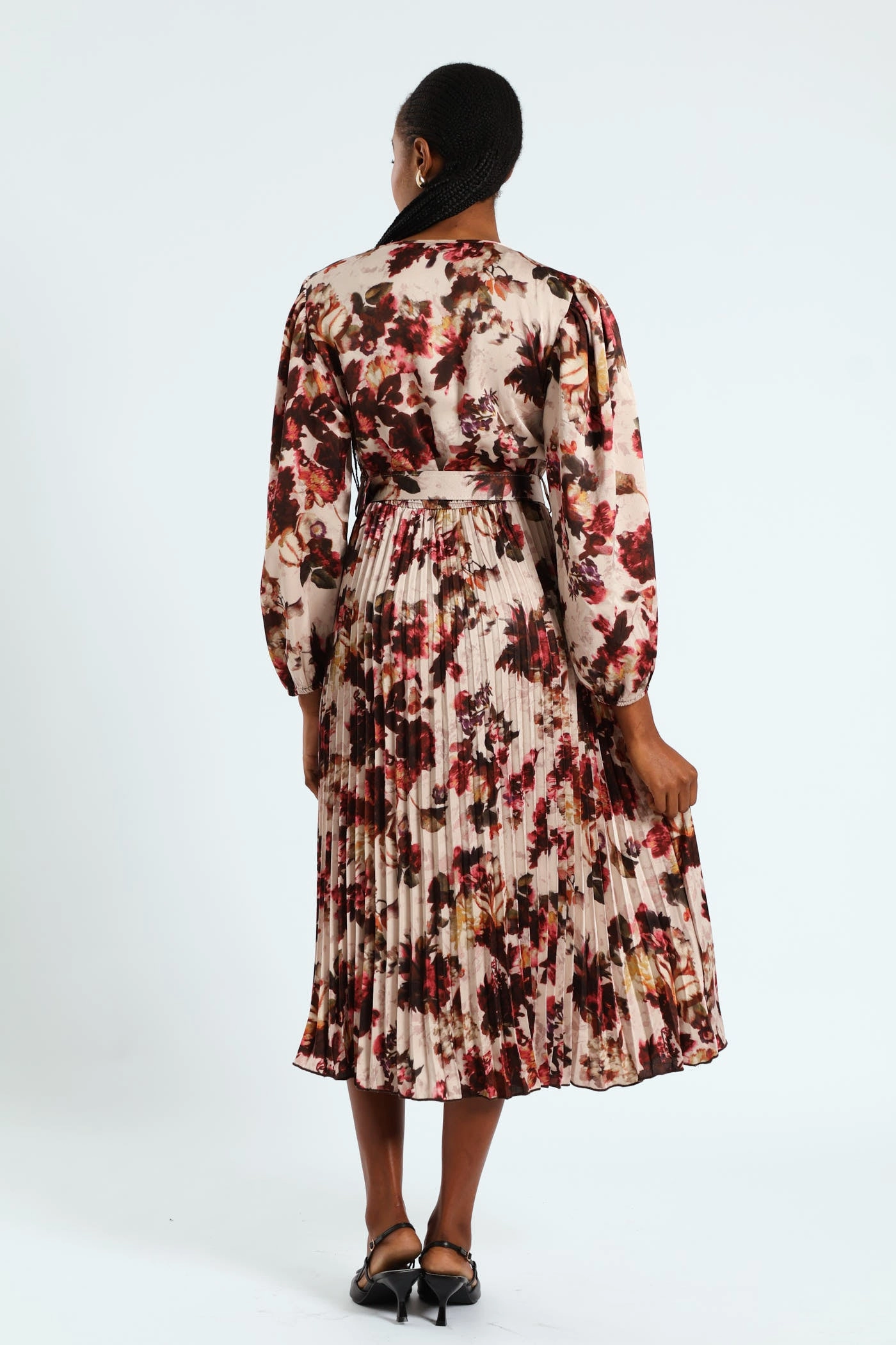 Printed-Lining Flowing Design Pleated Satin Belted Wrap Maxi Dress - Cream