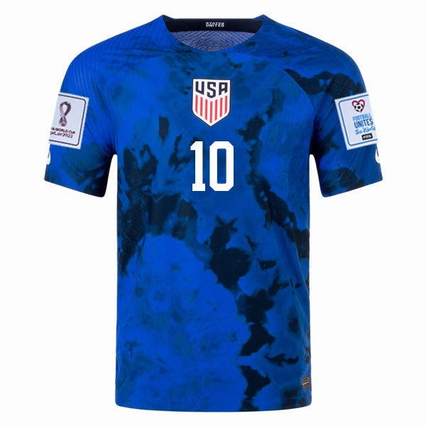 Sweat Resistant Finish Move Fast Nike United States Christian Pulisic Authentic Match Away Jersey 22/23 w/ World Cup 2022 Patches (Bright Blue/White)