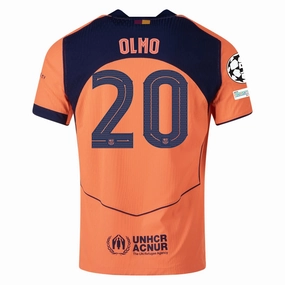 Nike Olmo FC Barcelona Third T90 Authentic Jersey 25/26 w/ Champions League Patches (Mango/Navy) Reinforced Hemline