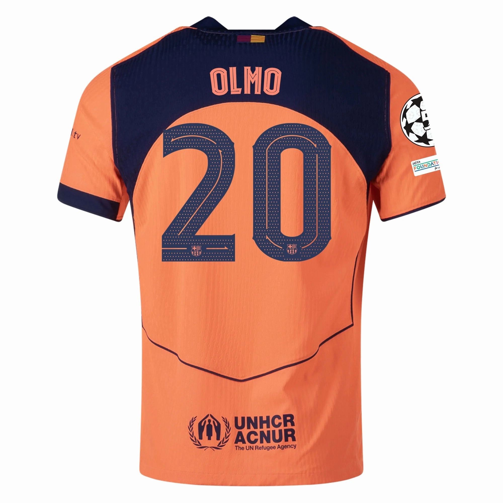 Nike Olmo FC Barcelona Third T90 Authentic Jersey 25/26 w/ Champions League Patches (Mango/Navy) Reinforced Hemline