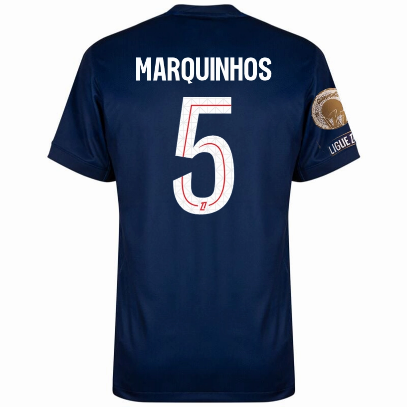Nike Marquinhos Men's PSG Home Jersey 25/26 w/ Ligue 1 Patch   Champions Patch (Navy/Red/White) Comfort Performance