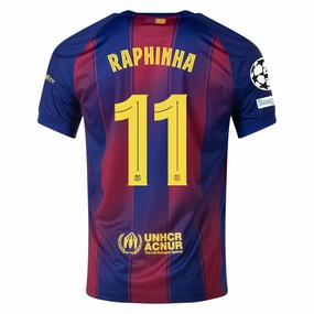 Nike Raphinha FC Barcelona Home Jersey 25/26 w/ Champions League Patches (Deep Royal Blue/Midwest Gold) Athletic Motion Cool Texture