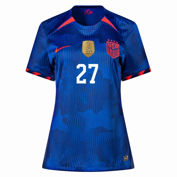 Nike Womens United States Naomi Girma 4 Star Away Jersey 23/24 w/ 2019 World Cup Champion Patch (Hyper Royal/Loyal Blue) Odor Resistant Treatment