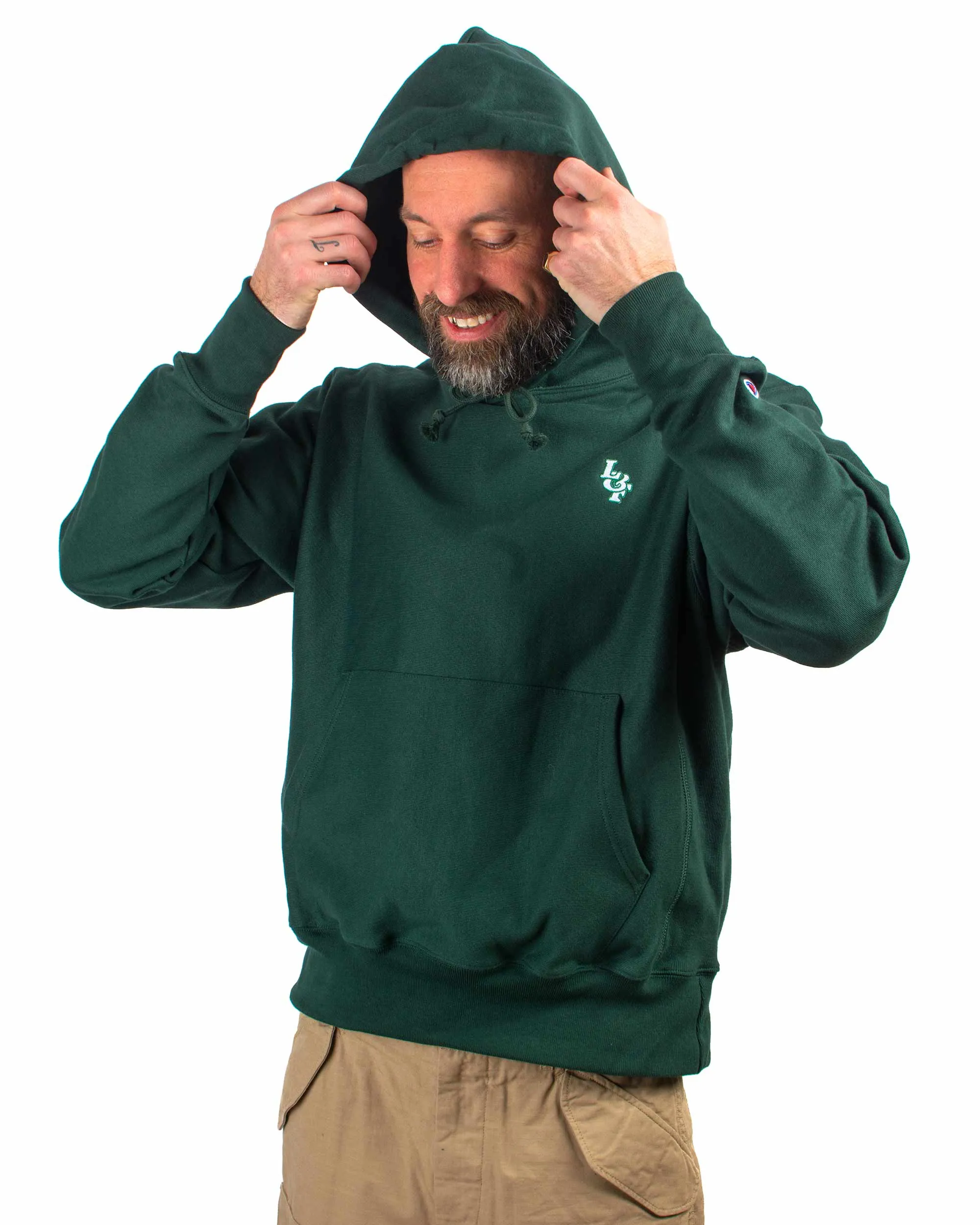 Streetwear vibe bag accents Lost & Found Reverse Weave Hoodie Dark Green