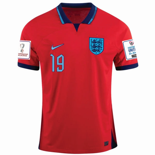 Contrast Trim Details Brushed Inner Lining Nike England Mason Mount Away Jersey 22/23 w/ World Cup 2022 Patches (Challenge Red/Blue Void)
