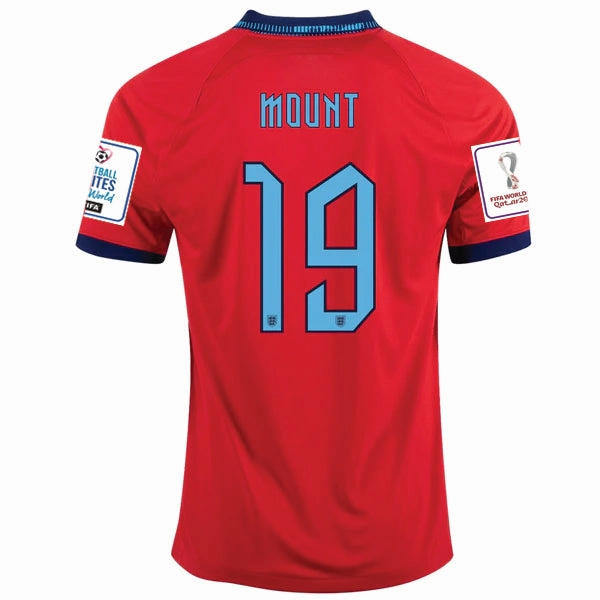 Nike England Mason Mount Away Jersey 22/23 w/ World Cup 2022 Patches (Challenge Red/Blue Void) Reflective Detailing