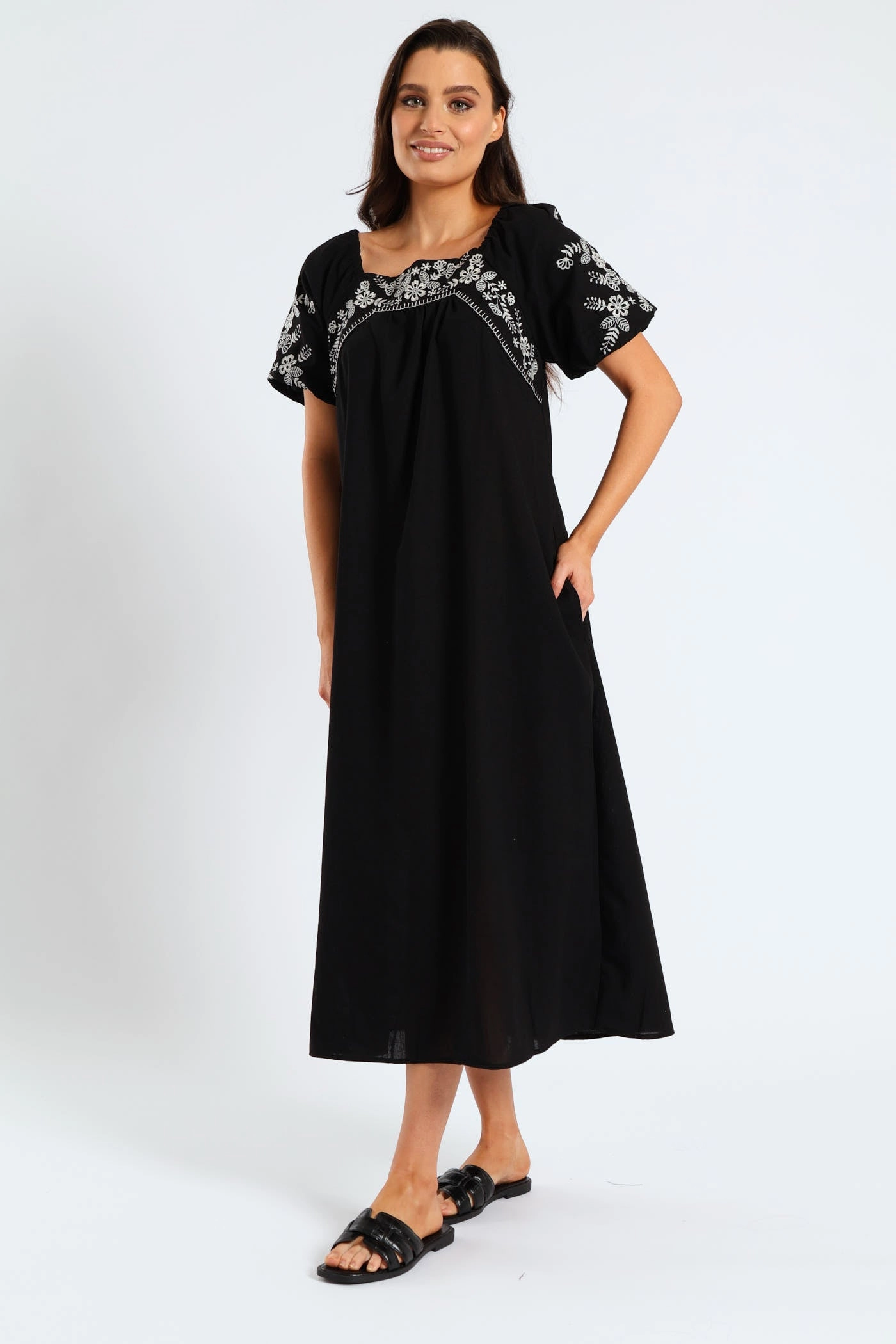 Linen Vibe Blush Shade Bubble Embroidered Sleeve & Yoke Flare Midi Dress - Black