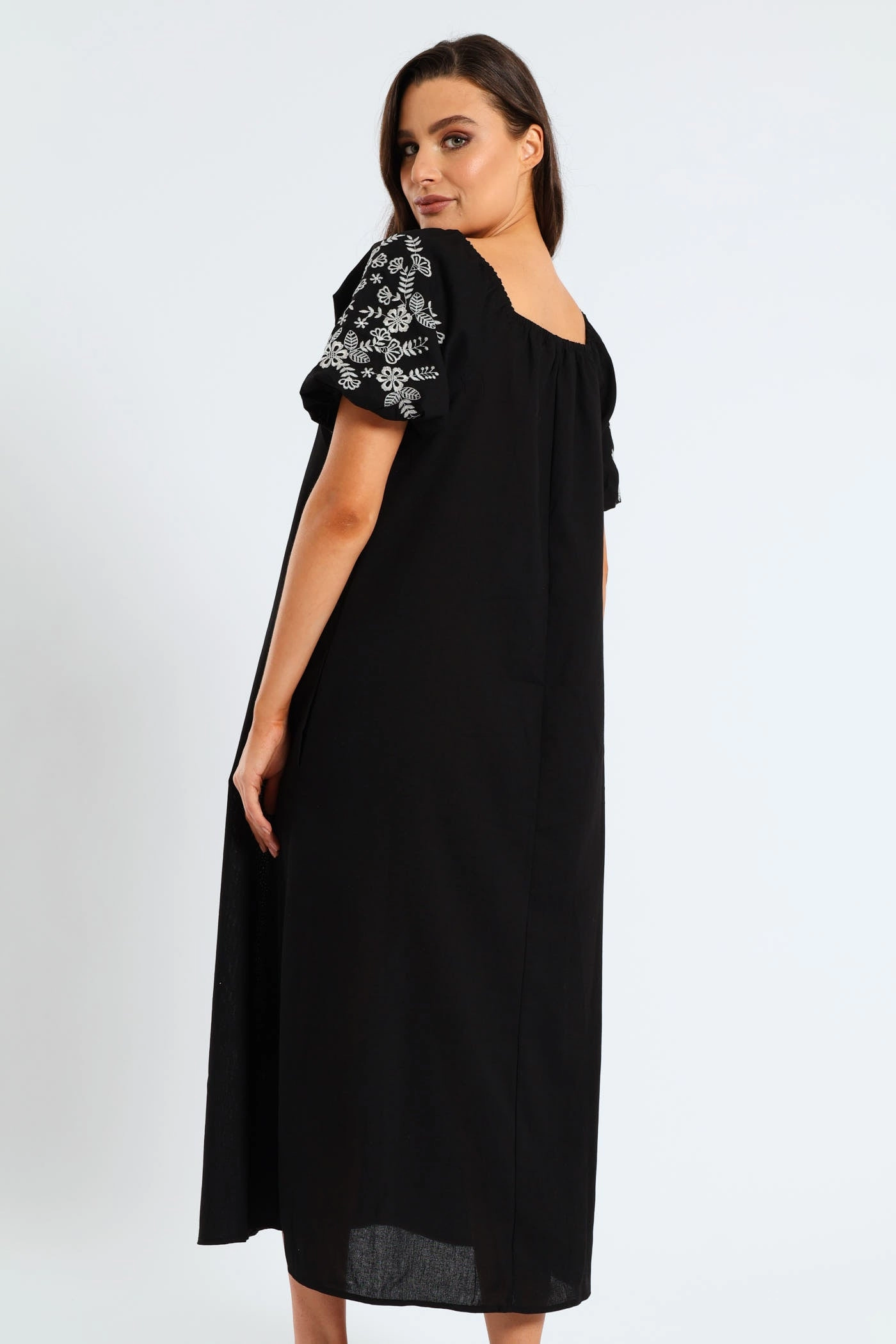 Bubble Embroidered Sleeve & Yoke Flare Midi Dress - Black Everyday Use Comfort Mode