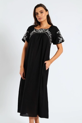 Bubble Embroidered Sleeve & Yoke Flare Midi Dress - Black Soft Fashion Minimal Motion