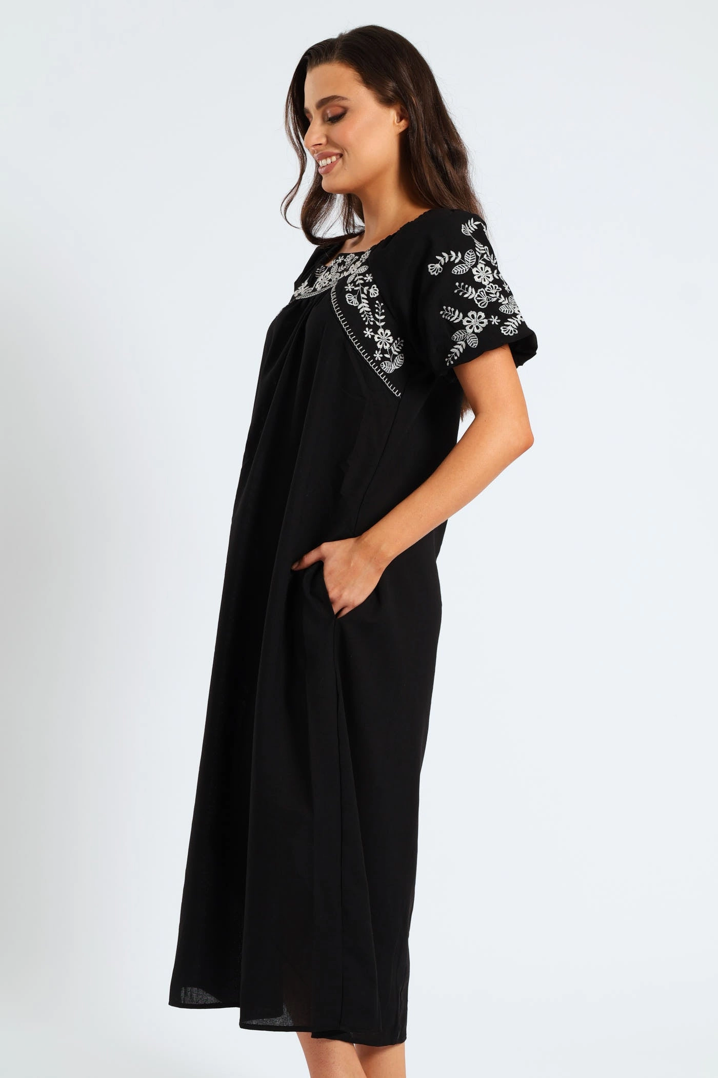 Bubble Embroidered Sleeve & Yoke Flare Midi Dress - Black Elegant Line